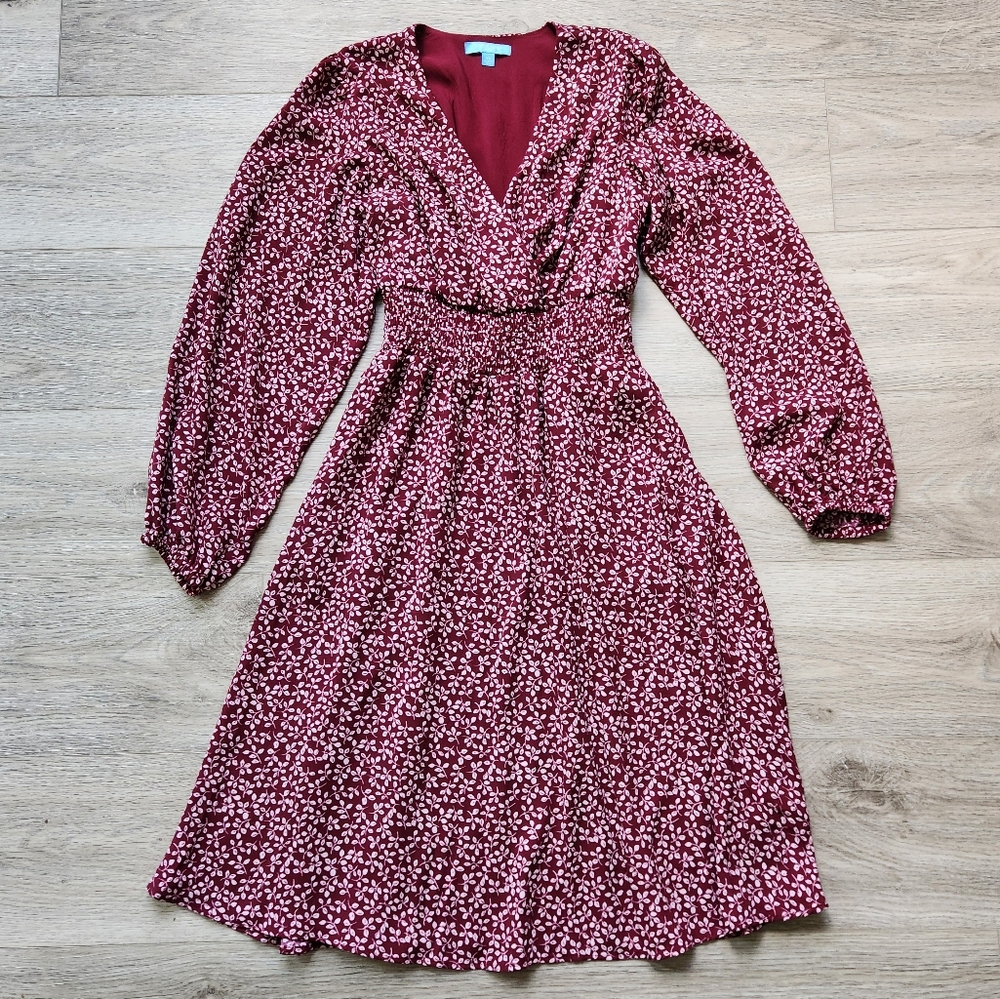 Draper James RSVP Cinched Waist Fit And Flare Burgundy Dress Womens Xs Sleeve